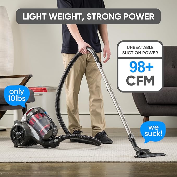 Prolux RS4 Bagless Canister Vacuum, Lightweight with Dual HEPA Filtration, 25 Foot Retractable Cord, Telescopic Wand, Versatile for Wood Floor, Carpet, Home, Office, Apartment, RV, Dorm Room