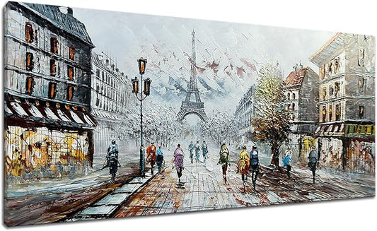Alenoss Modern Oil Paintings on Canvas Wall Art, Paris Eiffel Tower Landscape Abstract Paintings for Living Room Bedroom Office Wall Decor 48x24 Inches, Ready to Hang