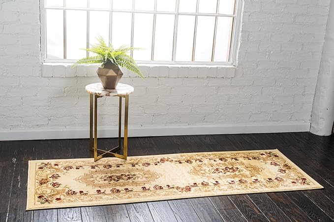 Rugs.com Chateau Collection Rug – 10 Ft Runner Cream Medium Rug Perfect for Hallways, Entryways