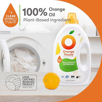 Orange House Liquid Laundry Detergent, Free and Clear, Natural Clean Laundry Detergent, Made of Orange Oil, Hypoallergenic Liquid Detergent No Harmful Chemical, 135.3 Fl Oz, HE & Standard Machine