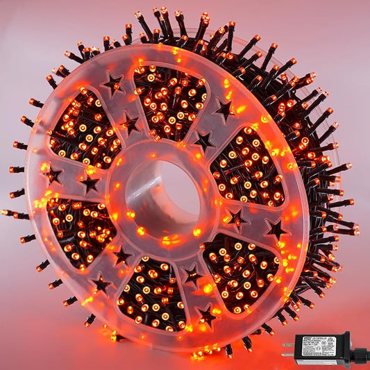 YEGUO 165ft 500 LED Halloween Lights Outdoor Waterproof, 8 Modes Orange String Lights Plug in, Green Wire Christmas Lights Indoor with Timer Memory