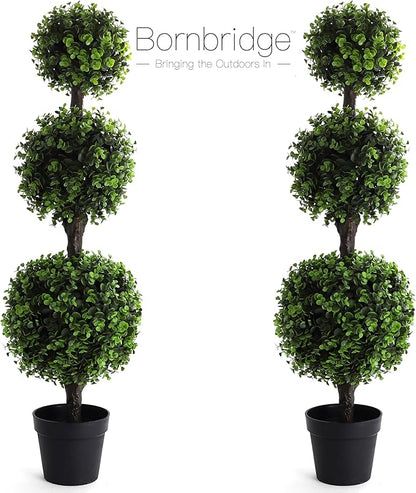 Bornbridge Artificial Boxwood Topiary Ball Tree - 4' Boxwood Ball Tree - Indoor/Outdoor Topiary Trees - Boxwood Artificial Outdoor Plants - Lifelike Wintergreen Boxwood Plant (2 Pack)