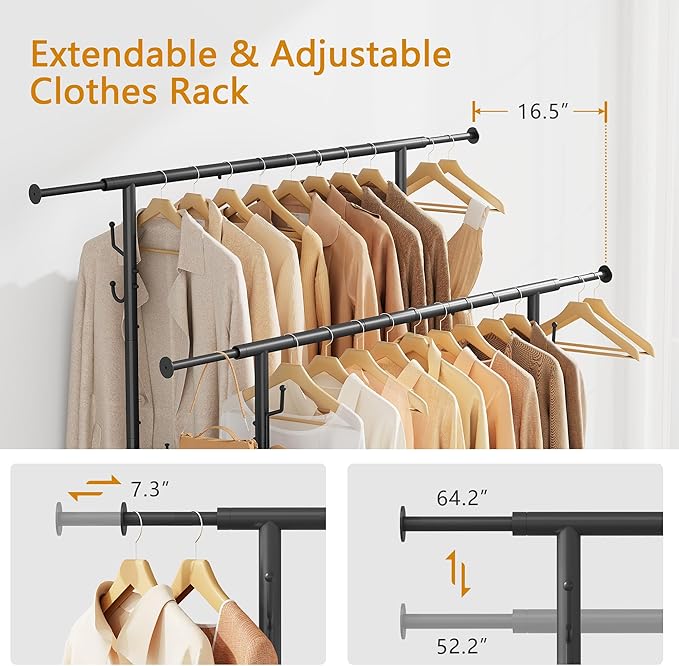 Double Rod Garment Rack with Wheels, Heavy Duty Rolling Clothes Rack For Hanging Clothes, Portable Metal Clothing Rack with Shelves,Black, 64.2inch Chrome