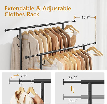 Double Rod Garment Rack with Wheels, Heavy Duty Rolling Clothes Rack For Hanging Clothes, Portable Metal Clothing Rack with Shelves,Black, 64.2inch Chrome
