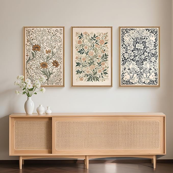 Large Abstract Vintage Flower Framed Canvas Wall Art,Antique Botanical Wall Decor,Neutral Bouquet Wall Painting,Aesthetic Floral Artwork for Living Room,Bedroom,Dining Room,Office -16"x24"x3