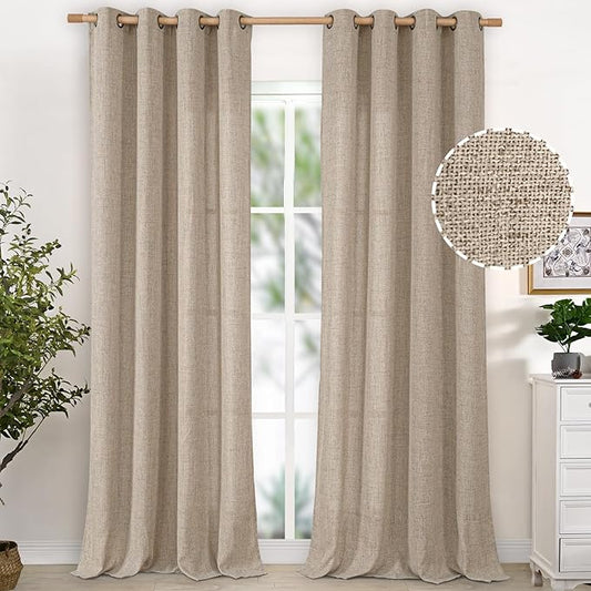 YoungsTex Linen Curtains 102 Inches Long Textured Extra Long Curtain with Bronze Grommet Privacy Light Filtering Drapes for Living Room Bedroom, Dark Oatmeal, 52 x 102 Inch, 2 Panels