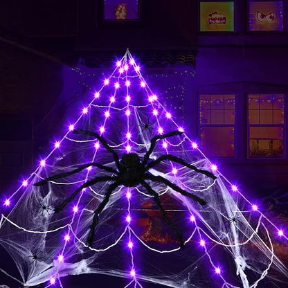 Spider Web Halloween Decorations Outdoor Lights 16.4 ft 135 LED Purple Light up Giant with Scary Realistic Spider, Stretch for Decoration Outdoor Haunted House