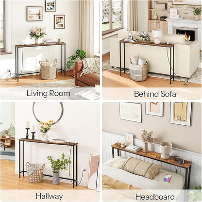 HOOBRO 47.2" Narrow Console Table with Power Outlet, 5.9" Behind Couch Table with Charging Station, Long Sofa Side Table, Skinny Entryway Table for Living Room, Hallway, Foyer, Rustic Brown BF15XG01G1