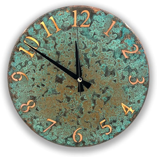 Handmade Pure Copper Wall Clock for Home Decoration, Decor Clock for Living Room, Bedroom and Kitchen, Rustic Decorative Mural Clock Art for Farmhouse (Numbers of Patina, 17.7)