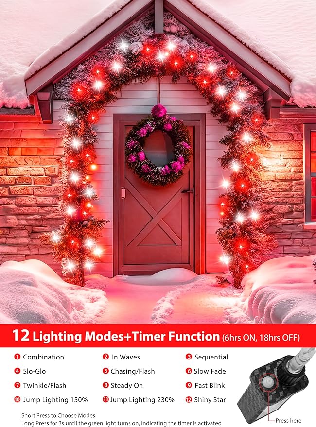 Minetom Christmas Lights Outdoor Cluster Lights - 200 LED 10 Ft Christmas Firecrackers String Lights, 12 Modes Timer Waterproof Connetable Plug in Twinkle Fairy Lights for Xmas Tree Party, Red＆White