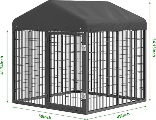 Outdoor Dog Kennel Steel Ideal Dog Fence for Small Dogs Anti-Rust Coating Cage with Roof All Weather Resistant Dog House with Double Locks(50"x48"x54")