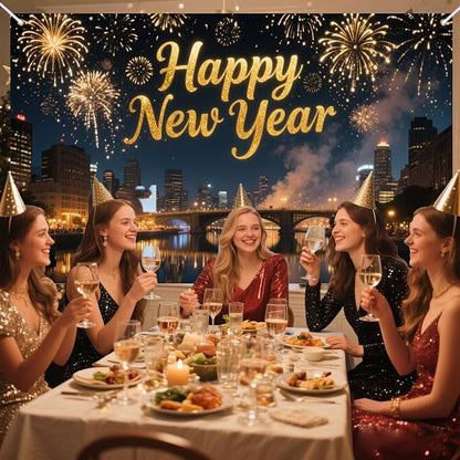 Nuxovilar Happy New Year Banner, City Night Fireworks Backdrop for Party Decorations, 71x43 Inch