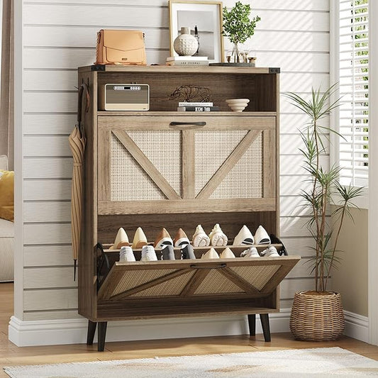 Vabches Shoe Storage Cabinet with 2 Flip Drawers,Freestanding Narrow Shoe Organizer with Open Storage,Hidden Slim Shoe Rack Cabinet for Entryway,Hallway,Rustic Oak Rattan
