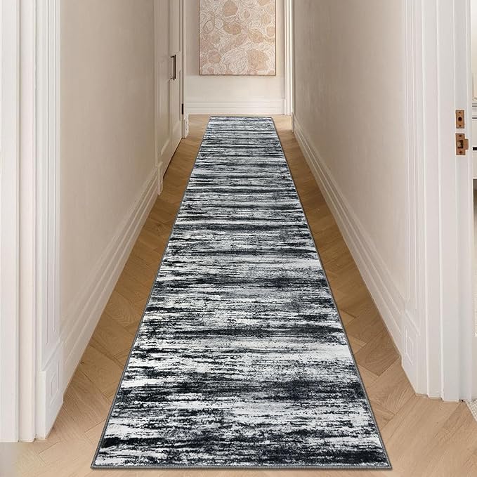 KOZYFLY Modern Abstract Washable Rug Runner 2.6x16 Hallway Rug Runner Non-Slip Soft Kitchen Runner Rugs, Black Navy Blue Grey Striped Carpet for Entryway Bathroom Laundry Room Foyer
