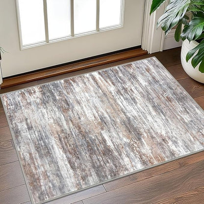 KOZYFLY Modern Abstract Small Area Rugs 2x3, Washable Kitchen Rug Non-Slip Soft Small Bathroom Rug, Multi Grey Striped Entryway Rugs Print Faux Wool Doormat for Bedside Entrance Bedroom Sink