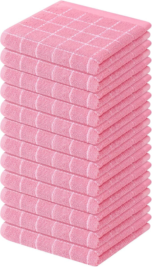 Mordimy 100% Cotton Terry Cloth Dish Cloths, Soft and Absorbent Checkered Dish Towels, Quick Drying Dish Rags for Washing Dishes, 12 Pack, 12 x 12 Inches, Pink