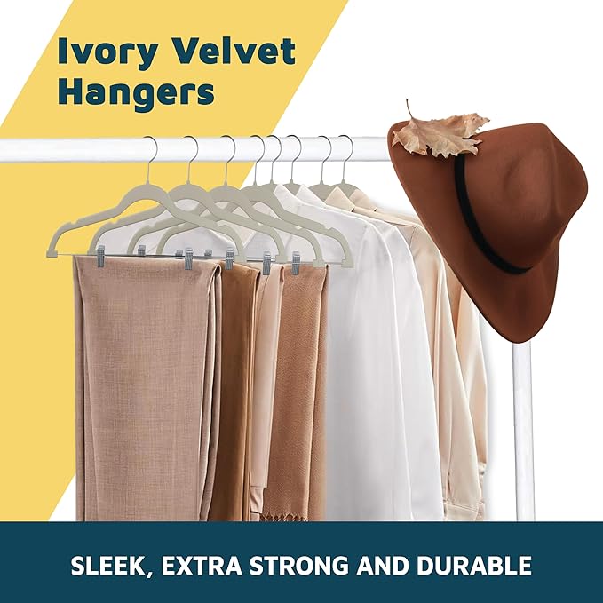 Velvet Skirt Hangers – with Adjustable Clips, 360 Degree Swivel Hook, and Non-Slip Shoulder Notch, Holds Up to 10 lbs, for Organizing Skirt, Pants, Dress, and Clothes, Pack of 20, Ivory