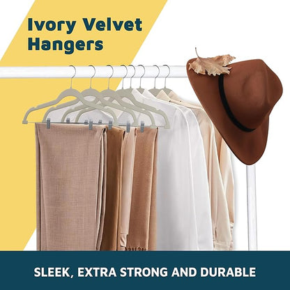 Velvet Skirt Hangers – with Adjustable Clips, 360 Degree Swivel Hook, and Non-Slip Shoulder Notch, Holds Up to 10 lbs, for Organizing Skirt, Pants, Dress, and Clothes, Pack of 20, Ivory