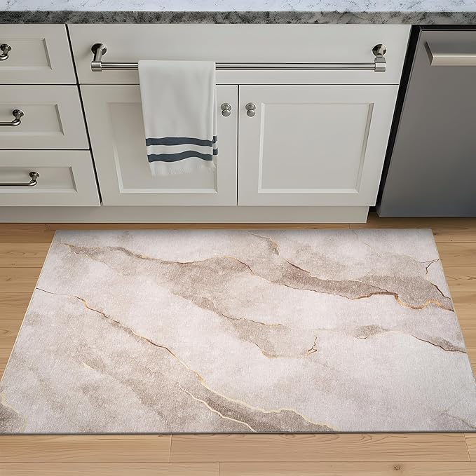 Bloom Rugs Caria Washable Non-Slip 3x5 Rug - Ivory/Gold Modern Abstract Area Rug for Living Room, Bedroom, Dining Room, and Kitchen - Exact Size: 3' x 5'