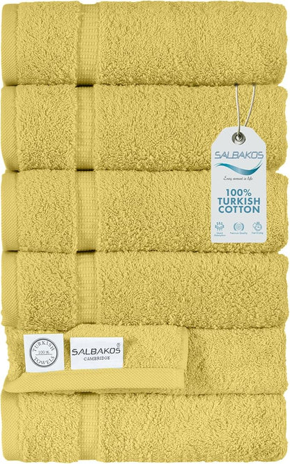 SALBAKOS 100% Turkish Cotton Hand Towel Set of 6 16x30 inch | Heirloom Quality | Hotel & Spa Collection | Soft, Super Absorbent, Long Lasting Hand Towels | Made in Turkey (Yellow, 6 Hand Towels)