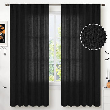 YoungsTex Black Linen Curtains 72 inch Length for Living Room, Light Filtering Semi Sheer Window Drapes with Rod Pocket Back Tab Gothic Decorative for Bedroom Dining Room, 52 X 72 Inch, 2 Panels