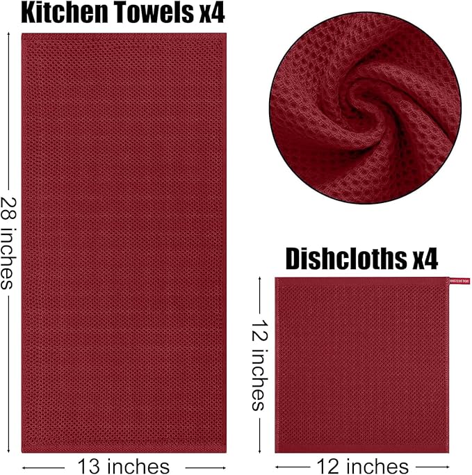Kitinjoy 100% Cotton Kitchen Towels and Dishcloths Set, 8 Pack Waffle Weave Dish Towels Ultra Soft Absorbent Quick Drying Dish Rags, 13 x 28 Inch and 12 X 12 Inch, Burgundy