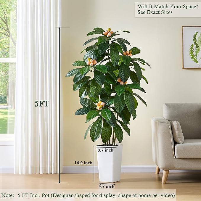 Artificial Locust Tree：6FT Faux Black Locust Floor Plant with White Flowers Small Round Silk Leaves & Elegant Branches in Beige Ribbed Planter for Indoor Home Office Decor Hotel Patio Studio