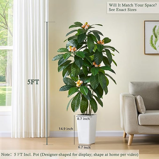 Artificial Locust Tree：6FT Faux Black Locust Floor Plant with White Flowers Small Round Silk Leaves & Elegant Branches in Beige Ribbed Planter for Indoor Home Office Decor Hotel Patio Studio