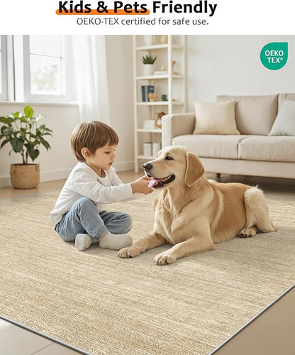 Art&Tuft Washable Rugs 9x12, Low Pile Area Rugs 9x12 Living Room - Non Slip and Stain Resistant Soft Thin Rug for Bedroom, Dining Room, Kitchen, Office, Brown