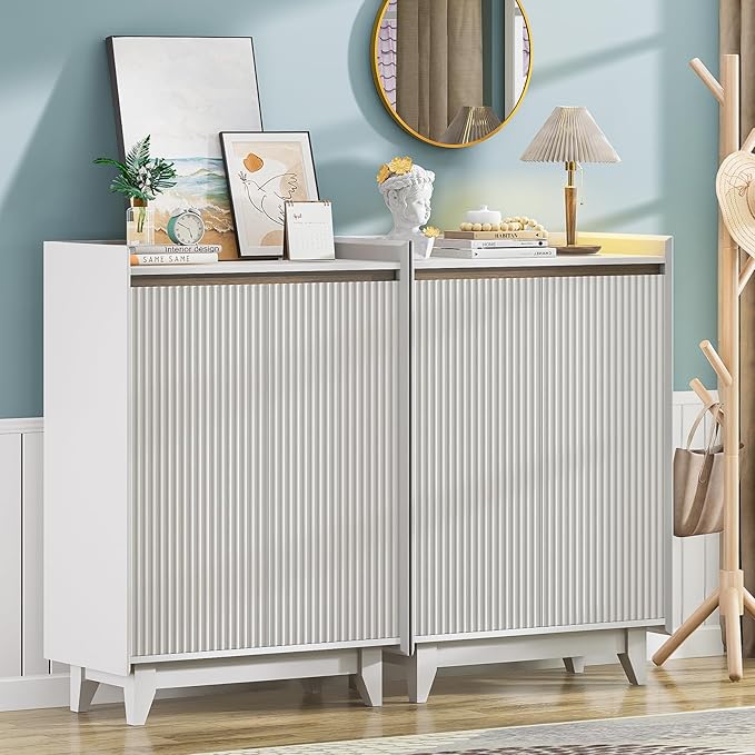 White Fluted Shoe Cabinet with Adjustable Shelves, Shoe Cabinet Storage for Entryway Hallway Living Room Bedroom, Shoe Rack Cabinet with 2 Doors 2PC, White & Walnut 43.7” H