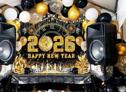 Happy New Year 2026 Black Gold Backdrop 2026 New Year Eve Countdown Photo Background Cheer to 2026 Party Decoration Banner Photo Supplies (Gold, 120x96inch (10x8FT))