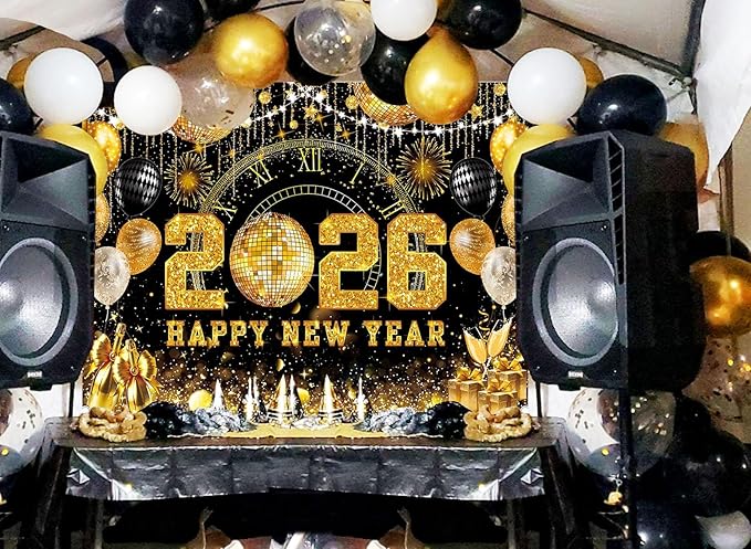 Happy New Year 2026 Black Gold Backdrop 2026 New Year Eve Countdown Photo Background Cheer to 2026 Party Decoration Banner Photo Supplies (Gold, 82x59inch (7x5FT))
