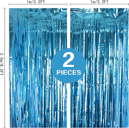 2 Pack Lake Blue Foil Fringe Curtains Tinsel Backdrop, 3.2Ft x 8.2Ft Metallic Tinsel Photo Booth Backdrop Curtains for Birthday Background Wedding Engagement Bridal Shower Bachelorette Decorations