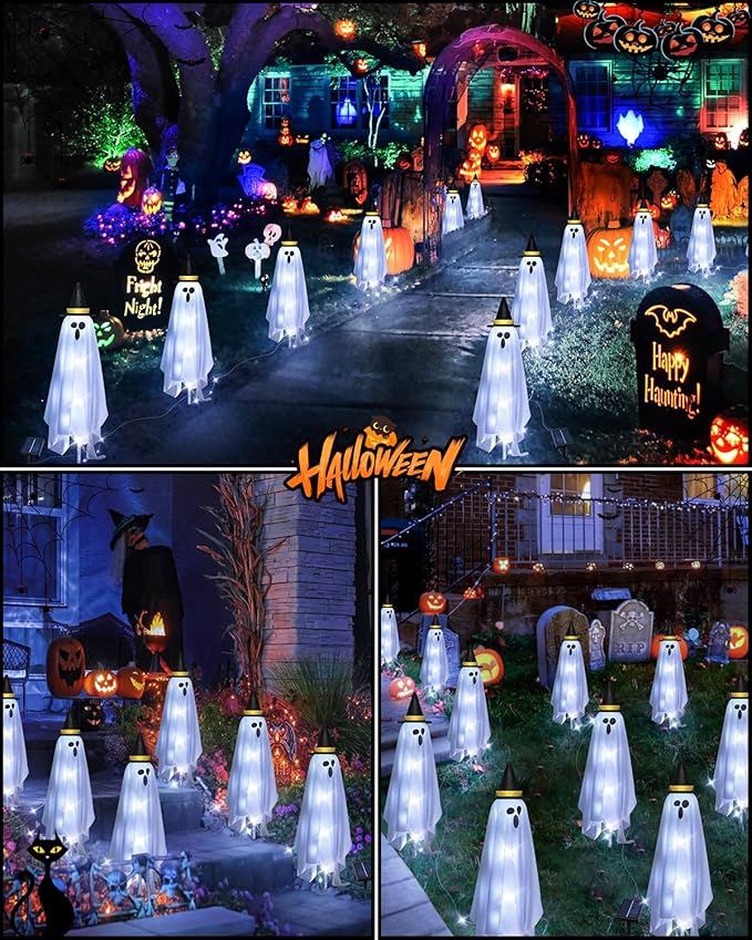 Halloween Decorations Solar Ghost Lights Outdoor, 6-Packs Solar Garden Spooky Decorations Lights, Light up Floating Scary Ghosts Decorations, Lights Yard, Pathway,Haunted House Party Decor