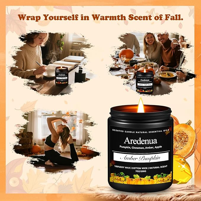 Amber Pumpkin Candles – Warm Holiday Pumpkin Scent, Hand-Poured Soy Candles for Winter Home Décor, Cozy Christmas Seasonal Candle Gift