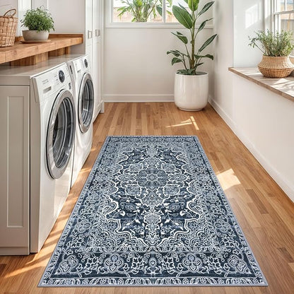 KUTA 3x5 Rugs for Entryway Non-Slip Washable Area Rug, Vintage Floral Kitchen Rugs Navy Blue, Ultra Soft Printed Medallion Tribal Entry Low-Pile Carpet for Entrance Bedroom Nursery Dorm Décor
