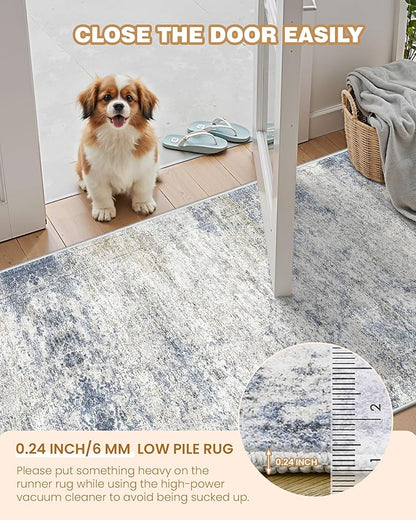 Rug Runners for Hallways Non Slip - 2x8 Runner Rug for Bedroom, Washable Runner with Rubber Backing, Soft Low-Pile Carpet for Kitchen, Laundry, Bathroom (2'x8', Blue/Brown/Ivory)