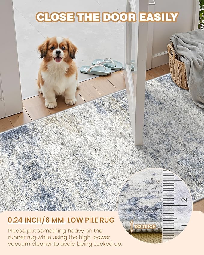 Long Rugs Runner - Washable Runner Rugs for Hallway 2x10, Ultra-Thin Soft Kitchen Carpet Runner, Anti Slip Backing Runner Rugs for Entrance, Bedroom, Living Room(2'x10', Blue/Brown/Ivory)