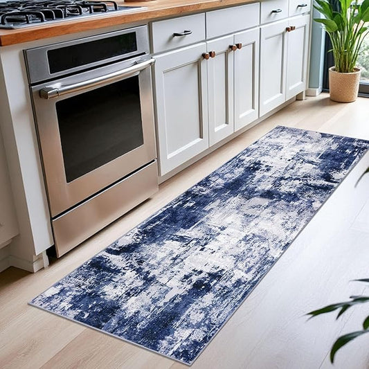 KOZYFLY Modern Abstract Runner Rug 2x6 Navy Blue Runners for Hallways Kitchen Rug Non Slip Washable Carpet Rug Runner Laundry Mat with Soft Low Pile for Entryway Bathroom Bedroom Kitchen