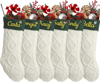 Personalized Christmas Stockings,Custom Embroidered Name+Logo Xmas Knitted Stockings 18'',Holiday and Family Stocking for Fireplace Christmas Holiday Party Decoration 1-6Pack（White Green）