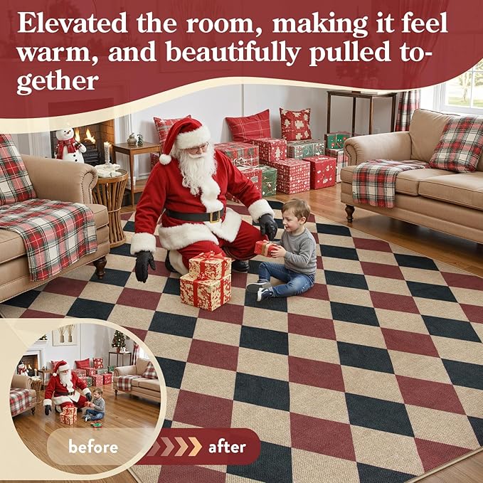 Lahome Christmas Rugs for Living Room, 8x10 Christmas Decorations Red and Black Rug, Checkered Outdoor Non Slip Non Shedding Xmas Decor for Bedroom Dining Room Deck