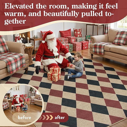 Lahome Christmas Rugs for Living Room, 8x10 Christmas Decorations Red and Black Rug, Checkered Outdoor Non Slip Non Shedding Xmas Decor for Bedroom Dining Room Deck