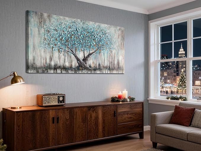 Arjun Tree Wall Art Canvas for Living Room Blue Tree of Life Nature Teal Abstract Textured Painting Picture Modern Panoramic Landscape Artwork Framed Bedroom Home Office Decor, Extra Large 58"x29"