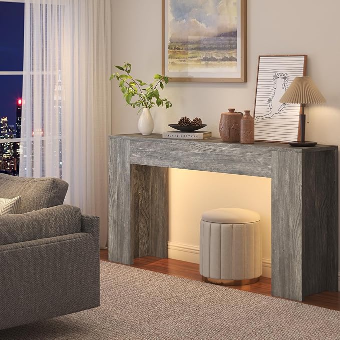 63-Inch Long Console Table with LED Light, Farmhouse Sofa Table Behind Couch, Wooden Console Table for Entryway Hallway Entrance Living Room, Gray