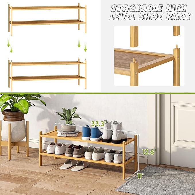 BMOSU 2-Tier Bamboo Extended Shoe Rack Premium Stackable Shoe Shelf Storage Organizer for Hallway Closet Living Room Entryway Organizer(Natural)