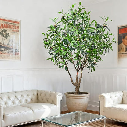 Olive Tree 7.5ft New Large Fruit, New Large Leaves - Artificial Tree, Fake Tree & Faux Tree with Sturdy Base for Indoor Outdoor Office Decor