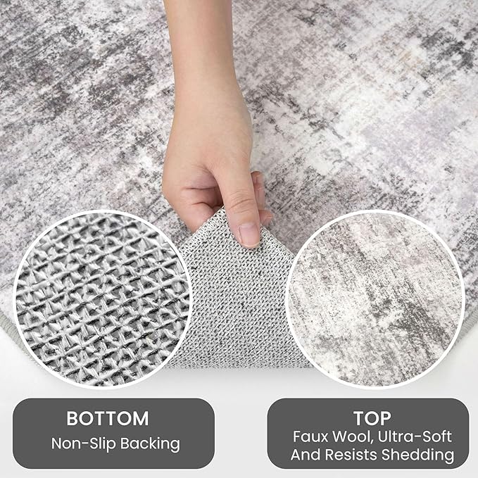 IOHOUZE Abstract Area Rugs 6x9 Ft Washable Rugs for Living Room, Non Slip Dining Room Rug, Printed Faux Wool Rugs for Bedroom, Floor Carpet for Office Nursery Playroom, Grey Beige