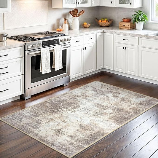 IOHOUZE Abstract Area Rug 3x5 Ft Washable Rugs for Entryway Indoor, Non Slip Kitchen Rug Printed Faux Wool Throw Rugs, Indoor Door Mat for Door Entrance Foyer Living Room, Beige Brown