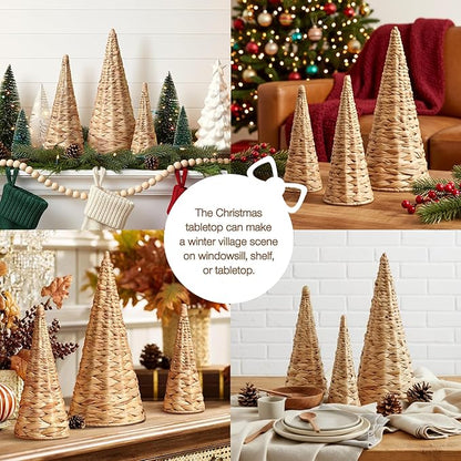 3pcs Woven Water Hyacinth Christmas Trees Decor, Artificial Christmas Tree Decorations for Home Party Table Village Craft Indoor Outdoor Vintage Christmas Decor(Natural)
