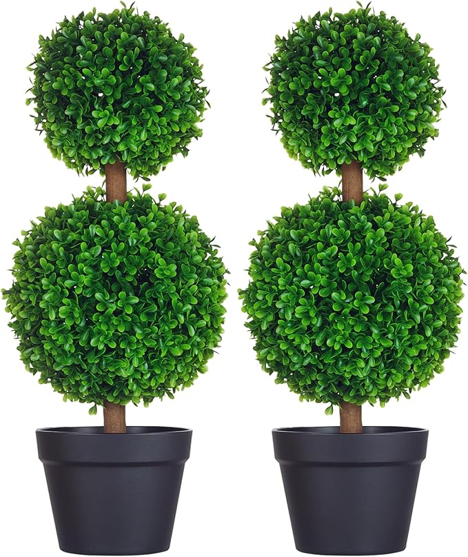 HOMCOM Set of 2 23.6" Artificial Ball Boxwood Topiary Trees with Pot, Indoor Outdoor Fake Plants for Home Office & Living Room Decor